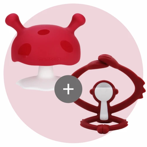 Mombella Zestaw Gryzak Grzybek + Małpka Chimney Red